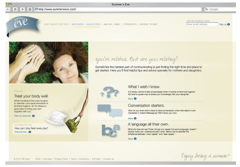 Summer's Eve website page from the rebrand