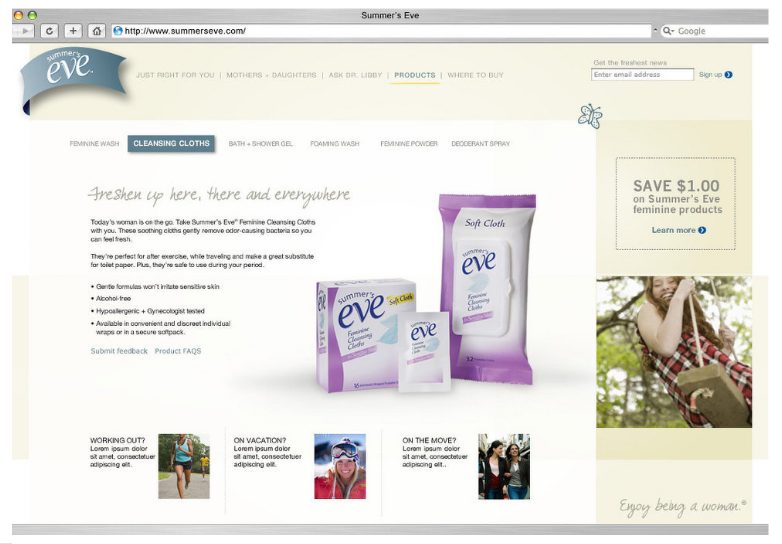 Summer's Eve website page from the rebrand
